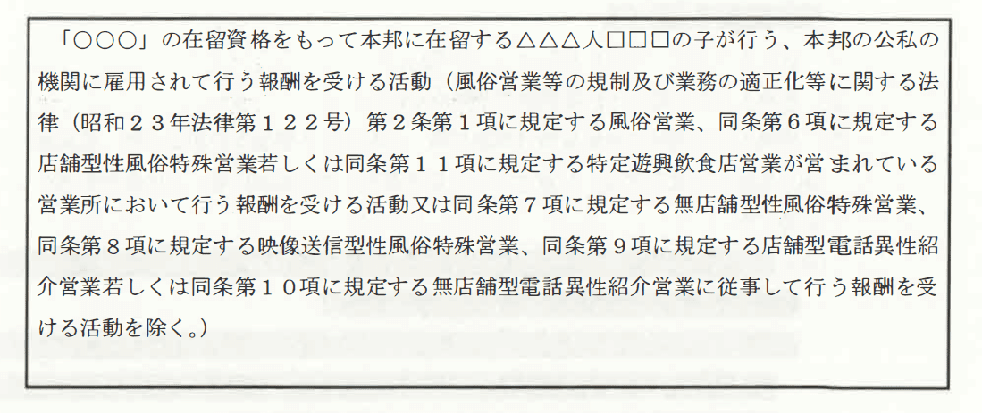 指定書の指定活動(出典:審査要領・第12編「在留資格」家族滞在)