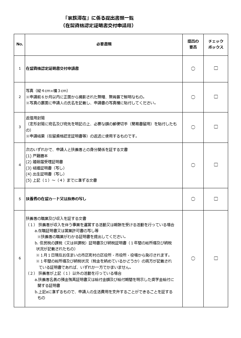 家族滞在ビザ申請の提出書類チェックシート